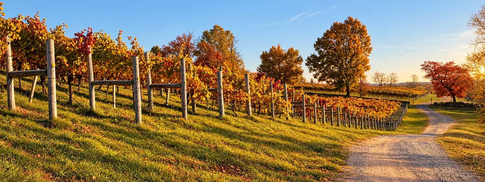 Gravel road beside autumn vineyard rows under a blue sky