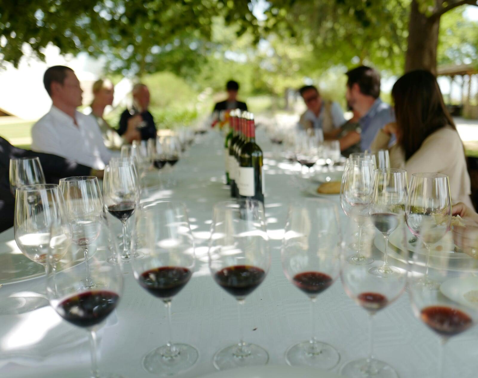 Corporate group wine tasting outdoors with a lineup of red wine pours at a Virginia winery.